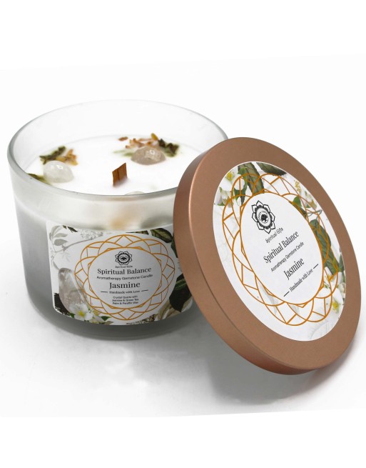 Bougie de Jasmin et Pierre Précieuse Quartz de Roche - Équilibre Spirituel