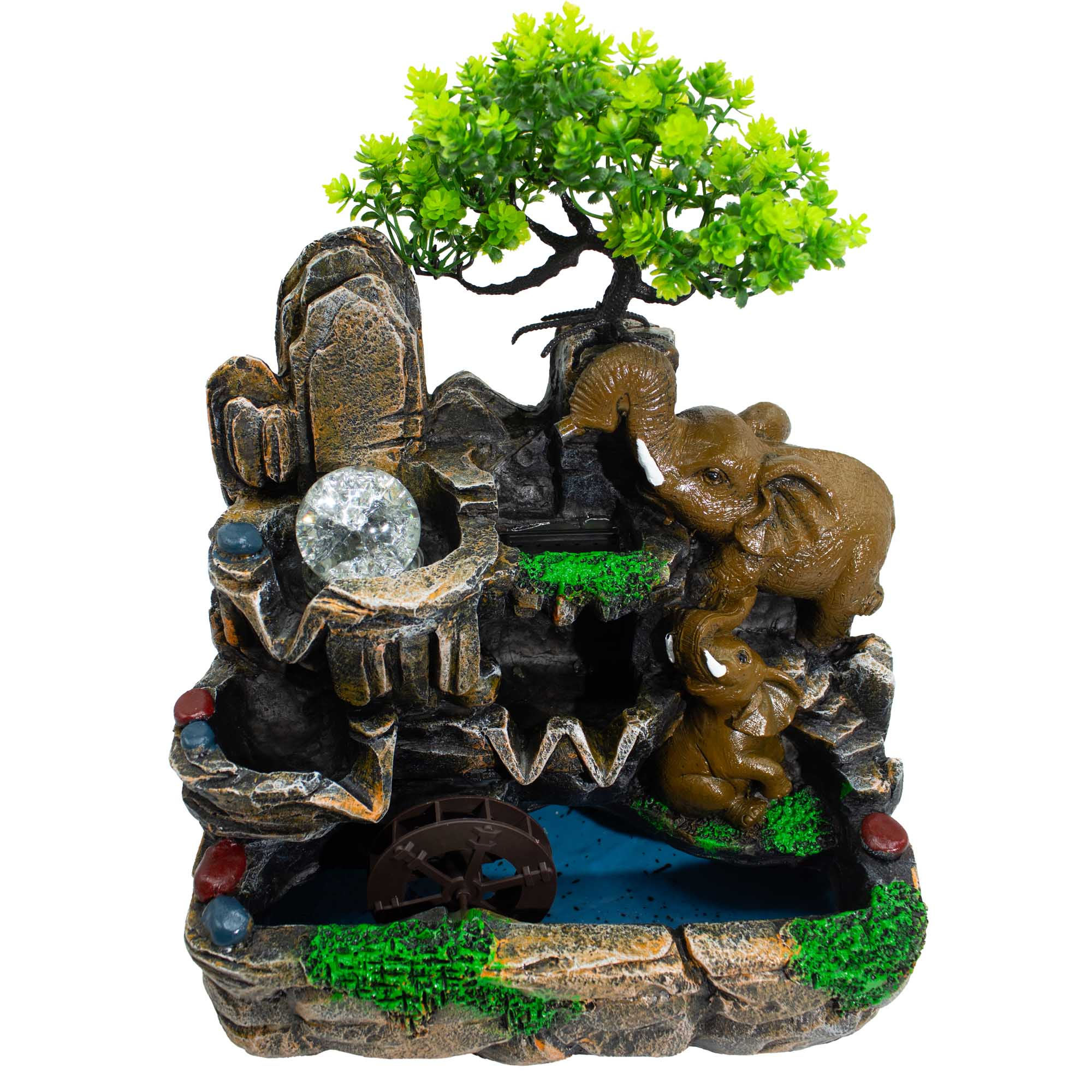 Précommande – Fontaine de table – Éléphants amoureux, lumière & boule de cristal (30×20×35 cm)